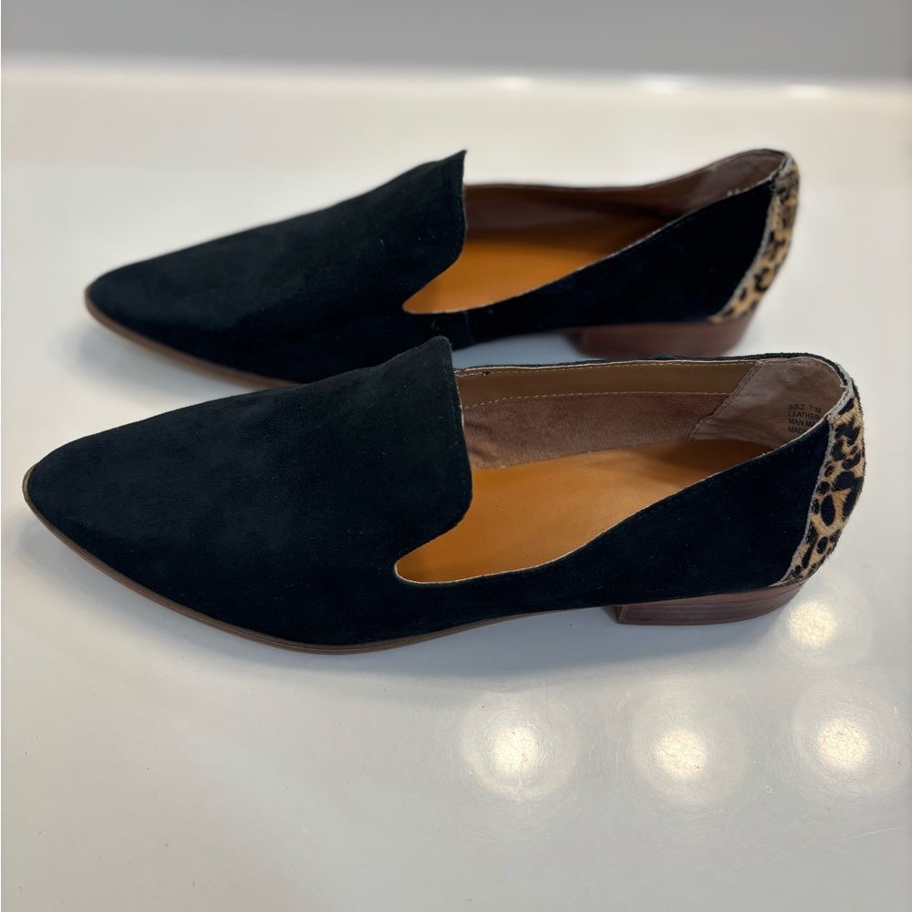 Crown & Ivy Black Leather Loafers with Leopard Accent